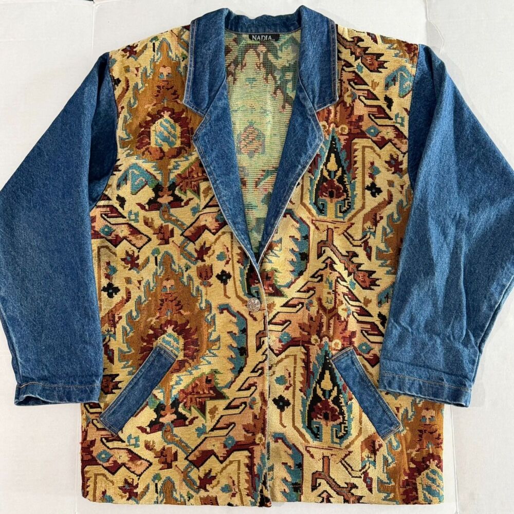 VTG Nadia Southwest Tapestry Oversized Denim Jacket, L, 90s Country Fall